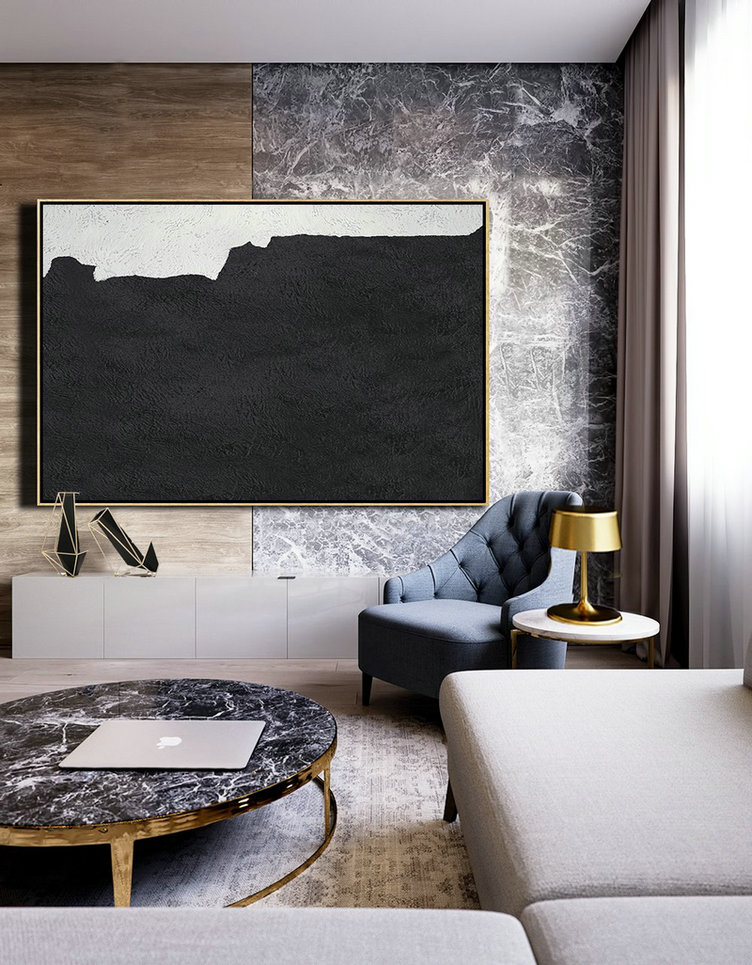 Large Canvas Wall Art For Sale,Hand Painted Oversized Horizontal Minimal Art On Canvas, Black And White Minimalist Painting - Canvas Artwork For Sale